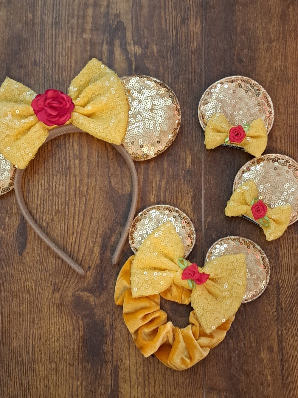 Princess Belle Gold Sequin Mouse Ear Headband and Scrunchie Set with Yellow Bow